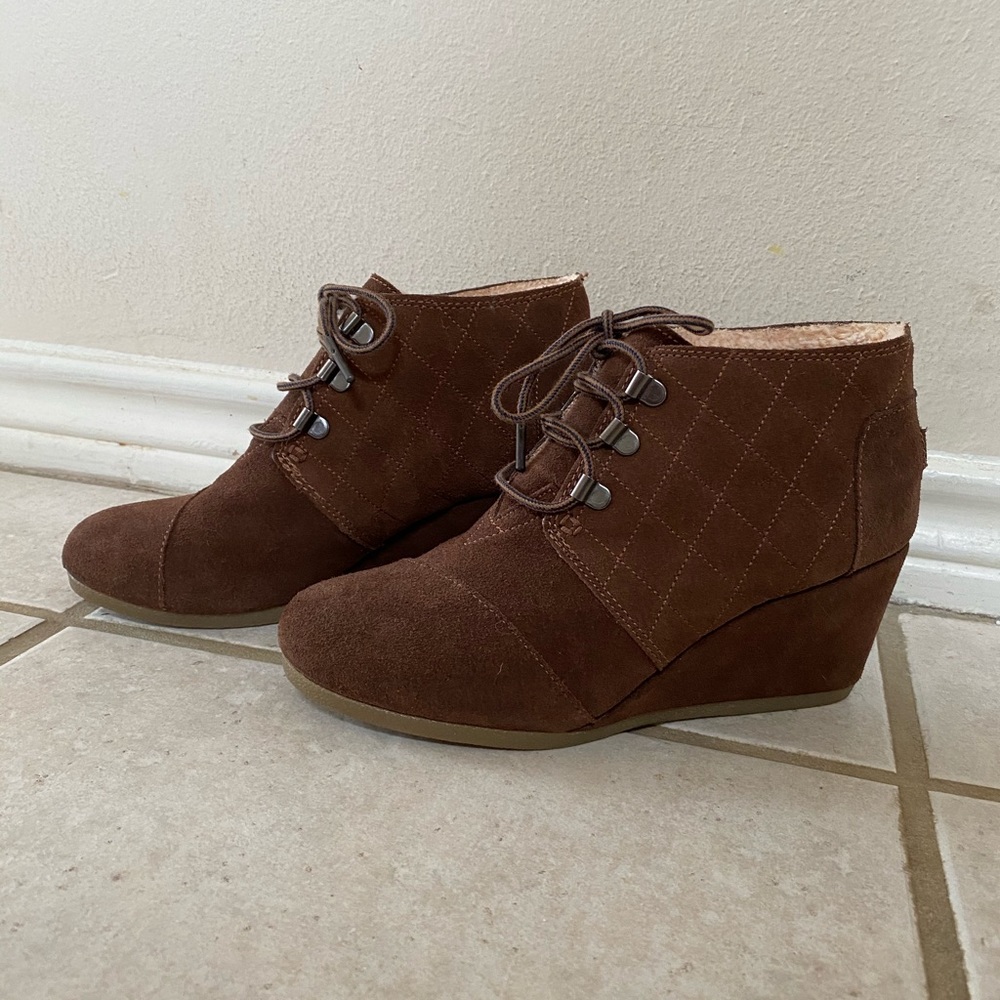 TOMS brown suede wedge booties